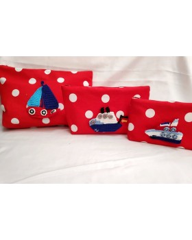 Happy Threads Cotton Storage Pouch with Hand Made Crochet Boats (Red) Comes in Set of 3